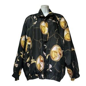 A.M. Studio Silk Bomber Jacket Black Gold Lion Print Chain Baroque Size 3X